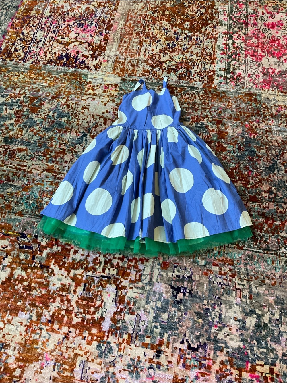 Blue Polka Dot Sleeveless Girls Party Dress with Green Tulle Hem